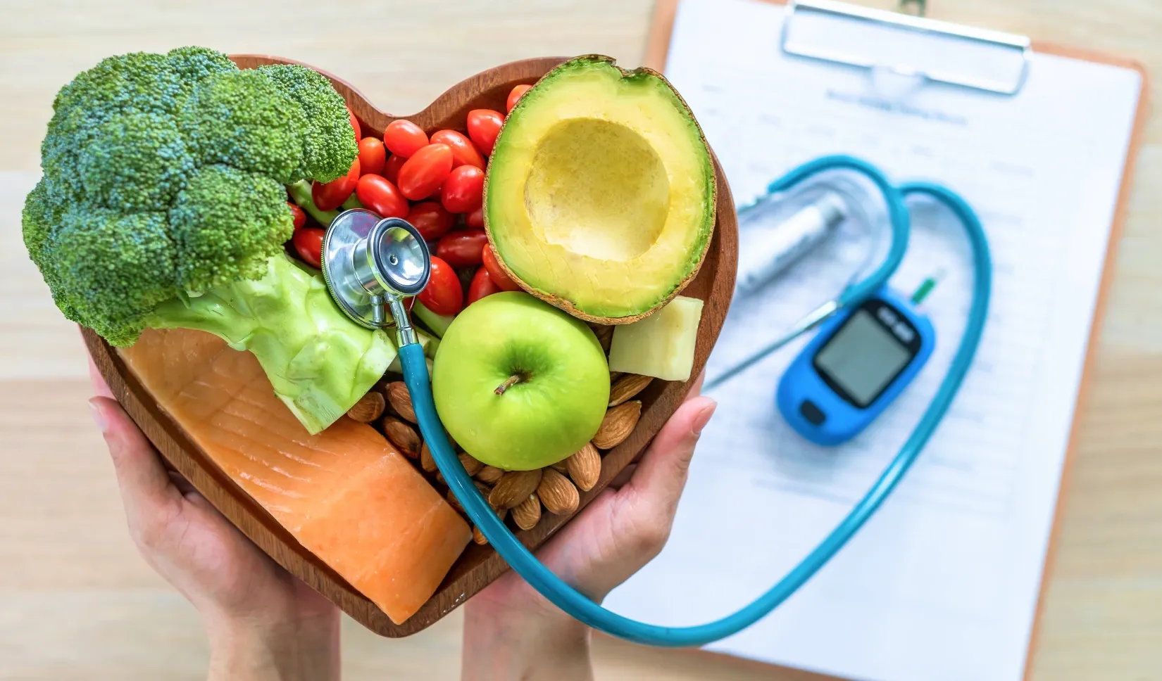 heart monitor tied to healthy food