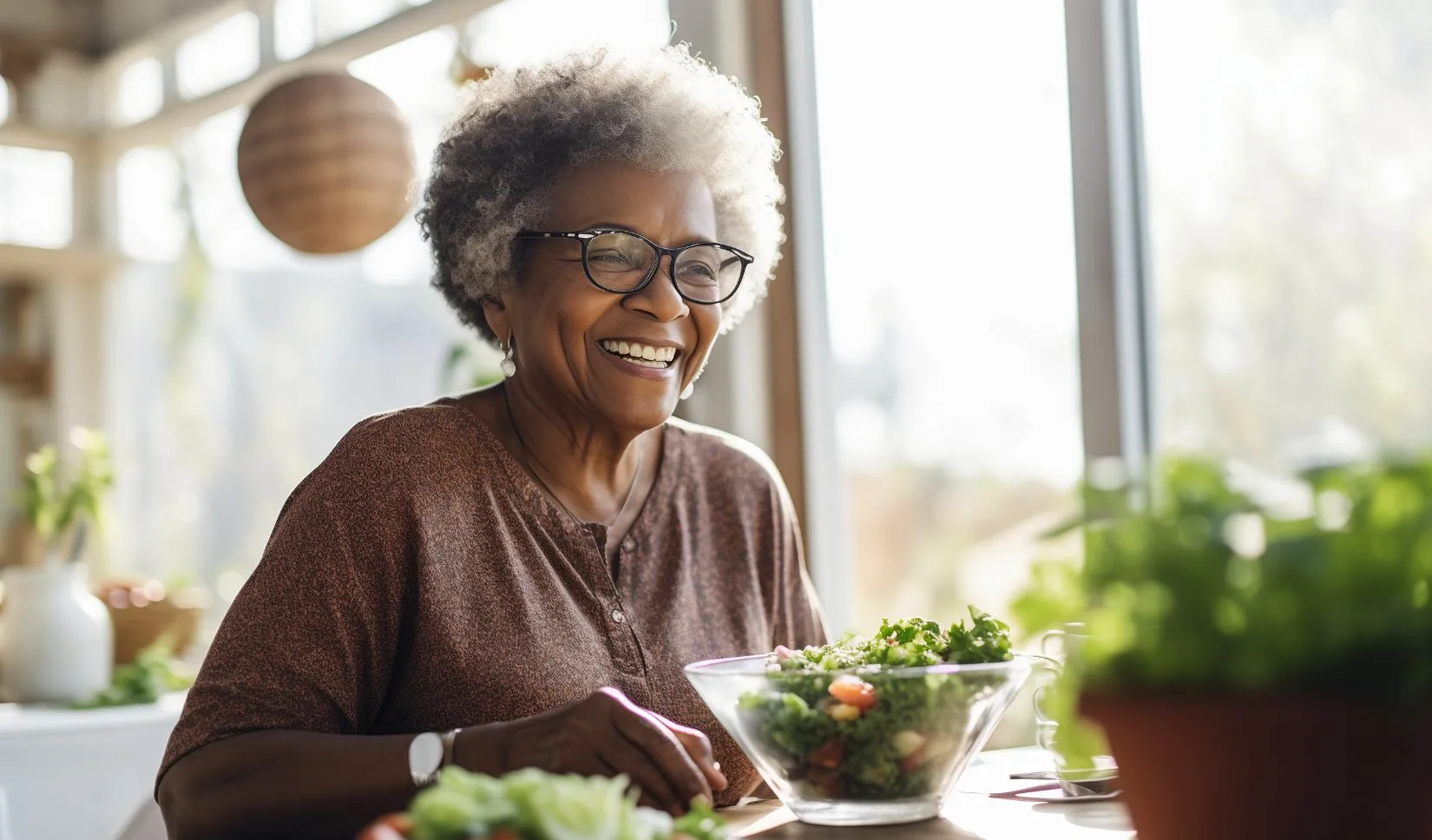 elderly woman eating salad