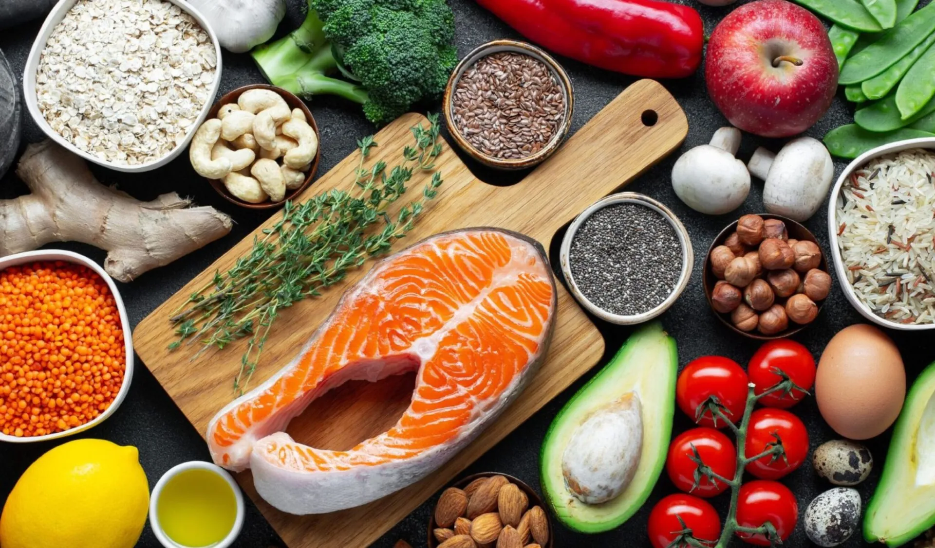salmon surrounded by vegetables