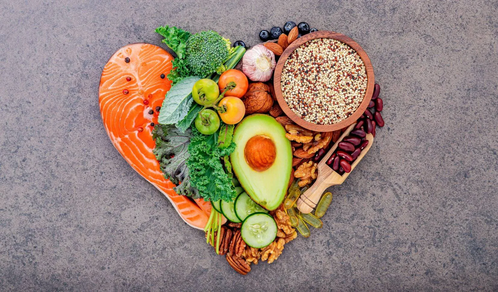 healthy fats and vegetables arranged like a heart