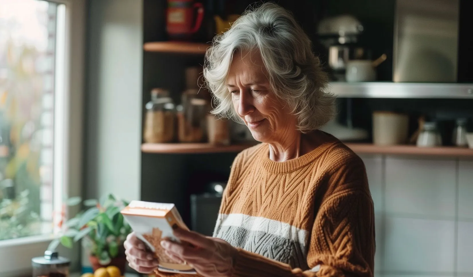 elderly woman reading nutrition label