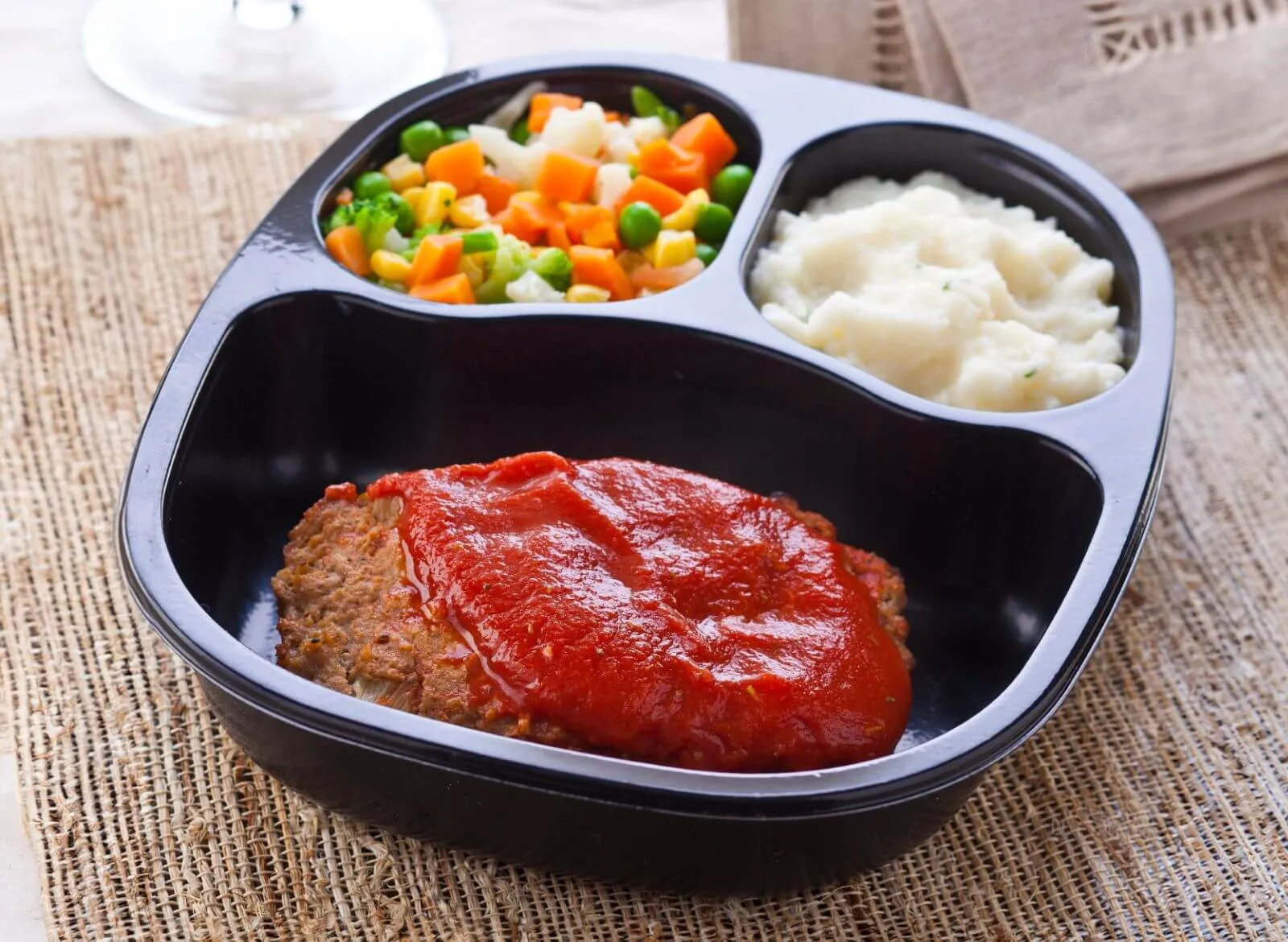 Meatloaf, mashed potatoes and mixed vegetables in microwavable tray