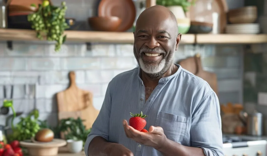 elderly man holding a strawberry