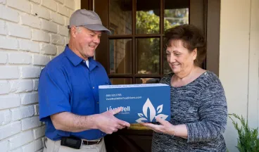elderly woman receiving live well package