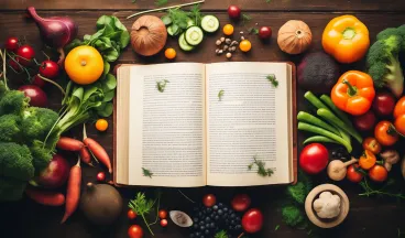 book surrounded by vegetables