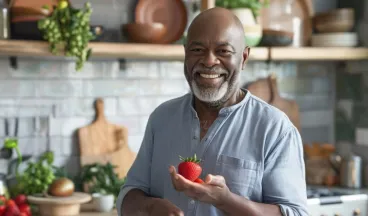 elderly man holding a strawberry
