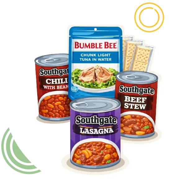 Canned food, packaged tuna and crackers