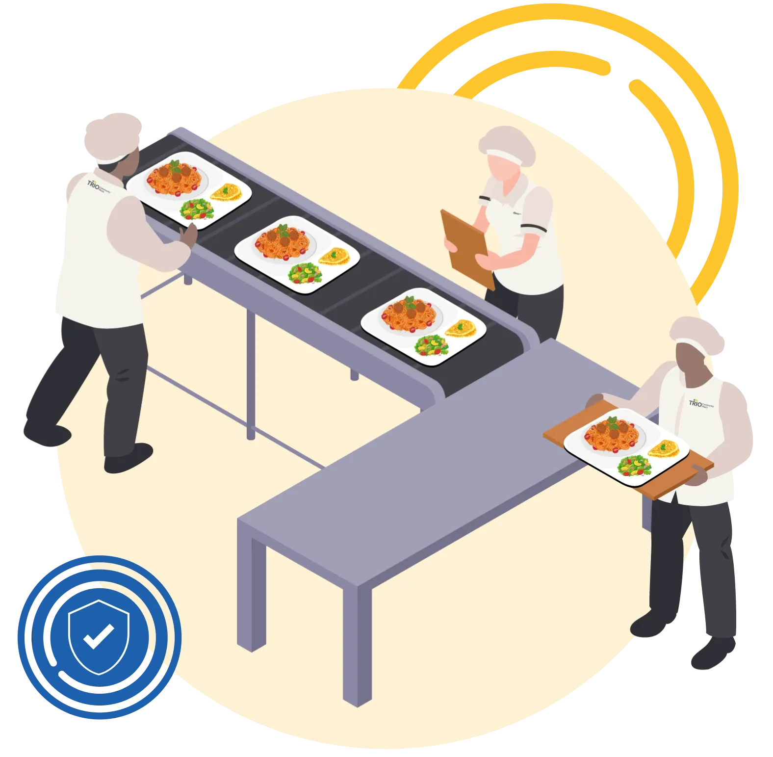 Illustration of workers on food tray line