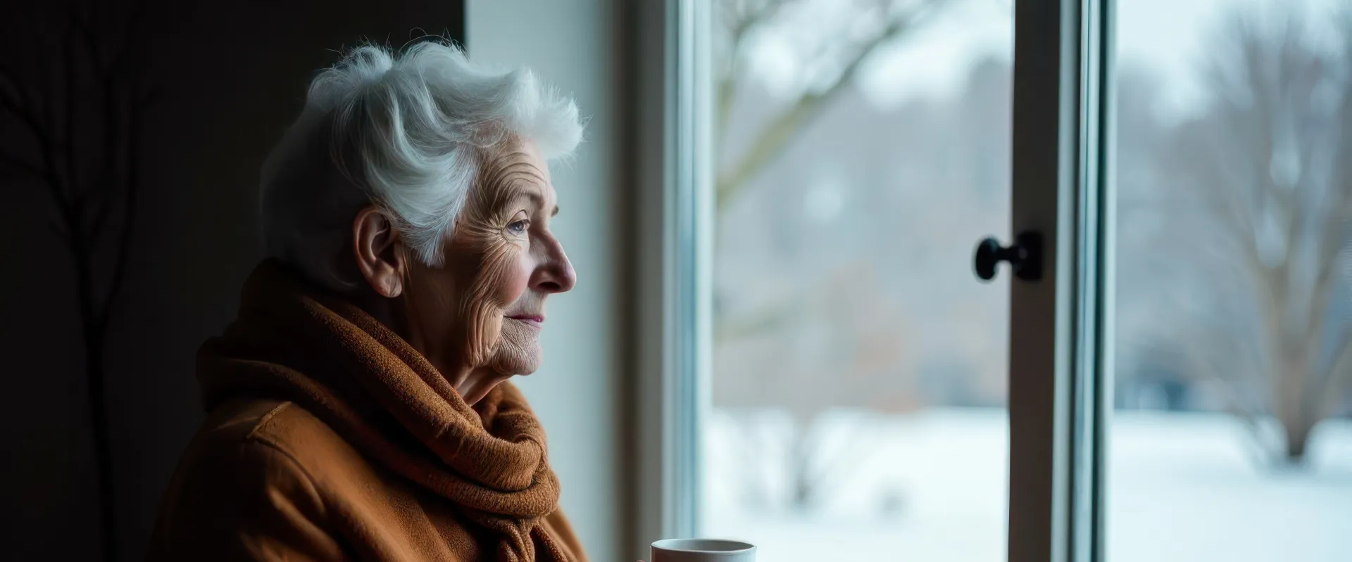 Senior woman looking out windows while holding a cup