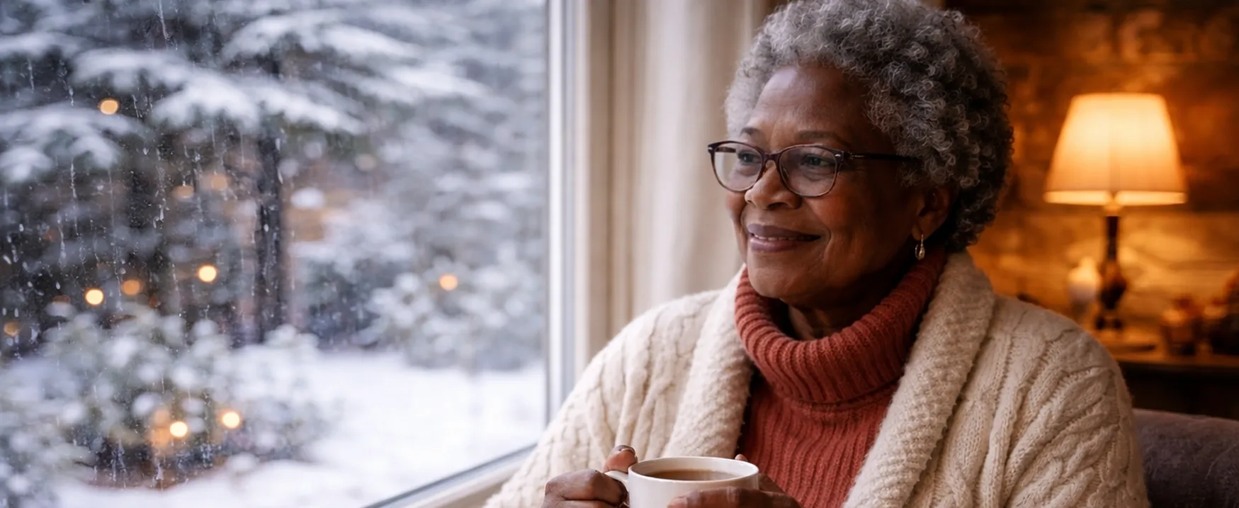 Woman sitting in front of window with snow in background, holding a cup of coffee and smiling