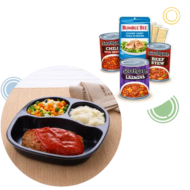 Meatloaf, mashed potatoes and mixed vegetables in microwavable tray. Assorted canned and shelf stable food.
