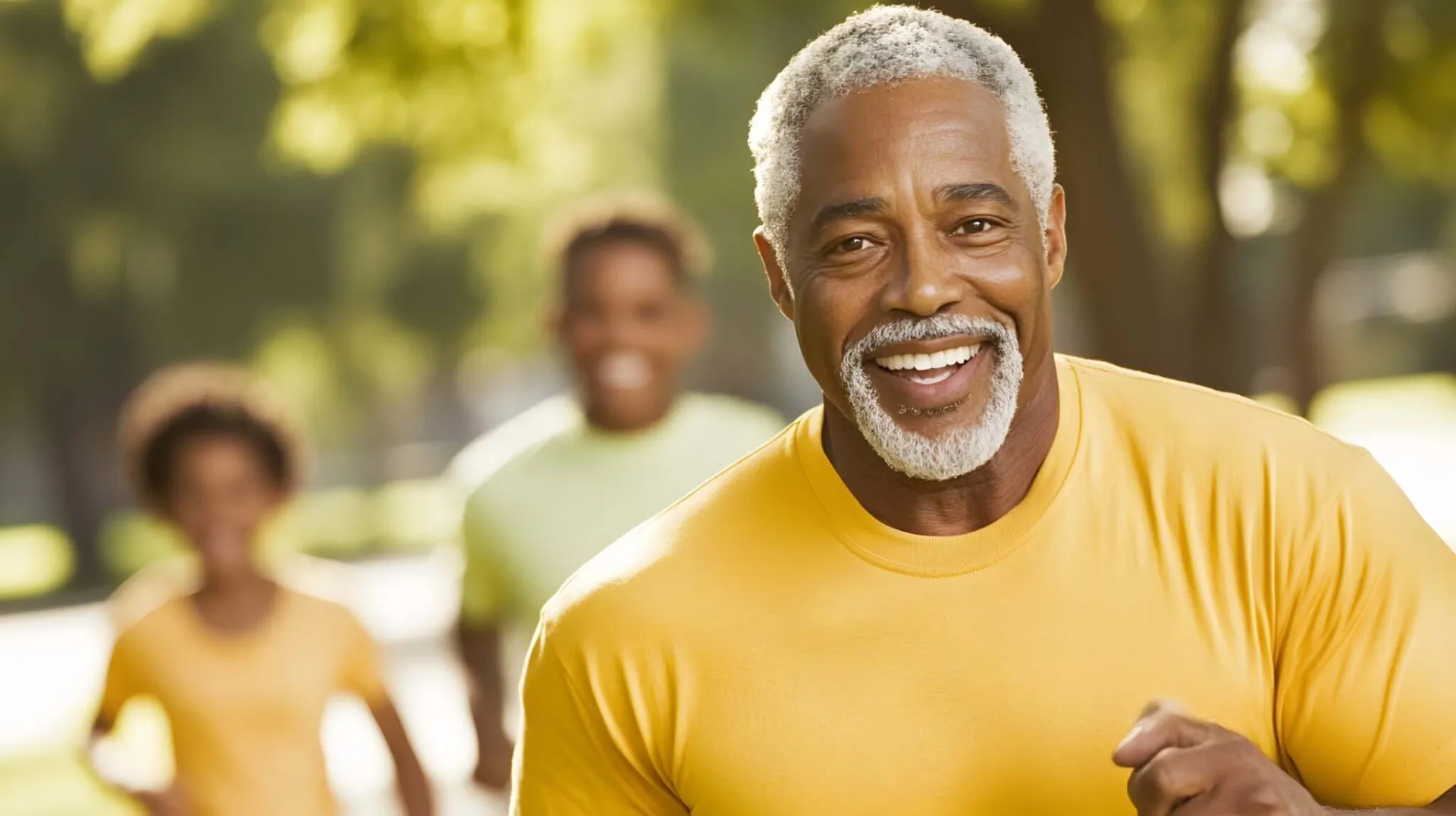 Smiling older man jogging outdoors with two people in the background.