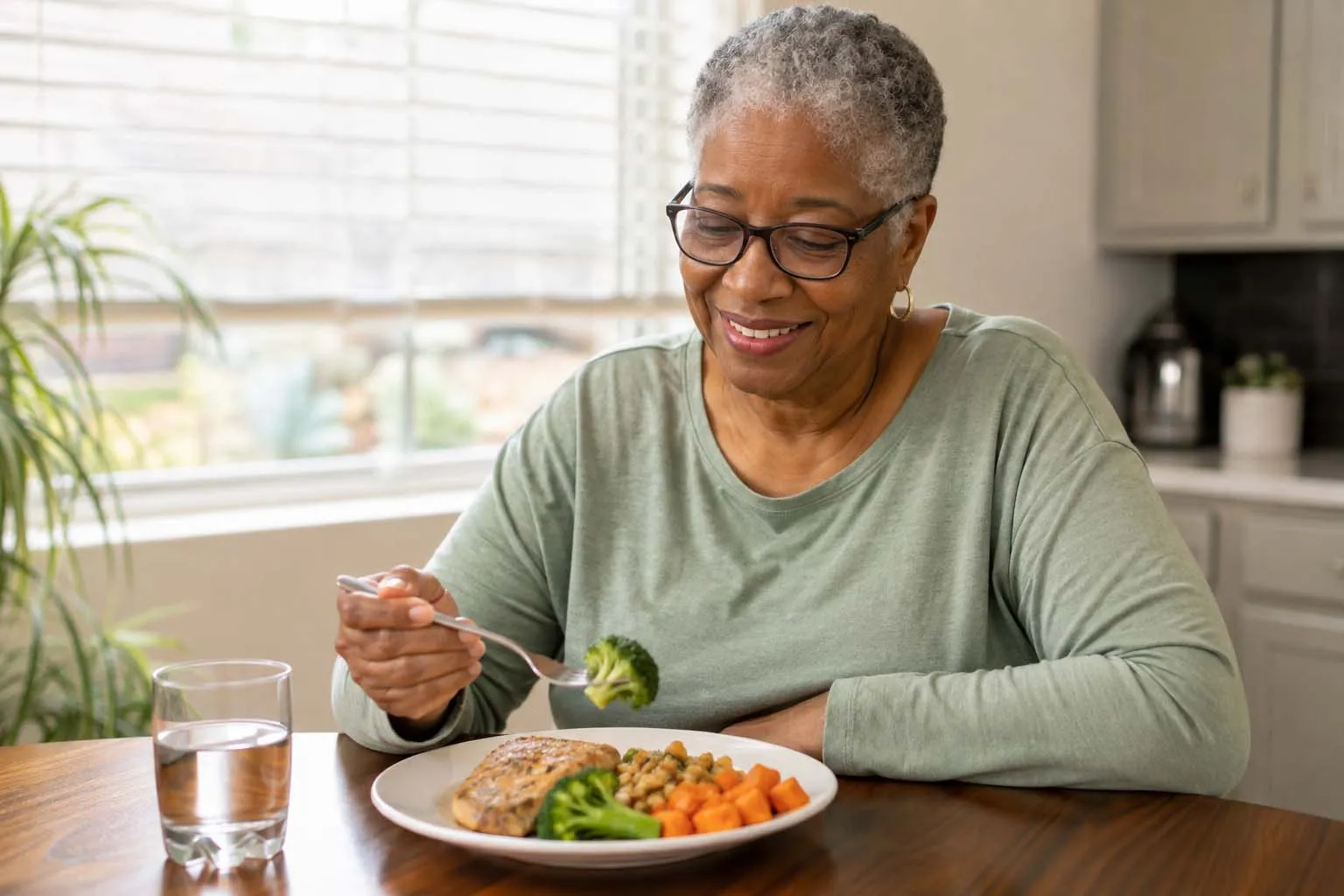 Older woman enjoying a nutritious meal of grilled chicken, vegetables, and grains at home.
