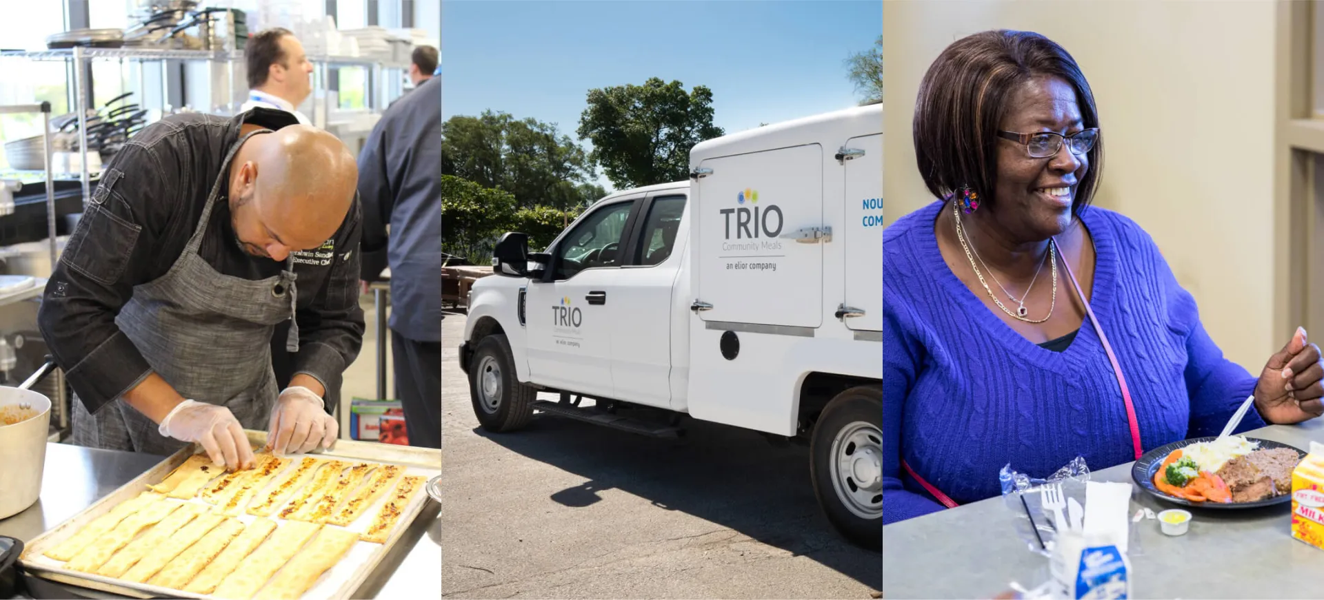 Three images - a chef preparing pastry on tray, delivery truck and a happy woman eating