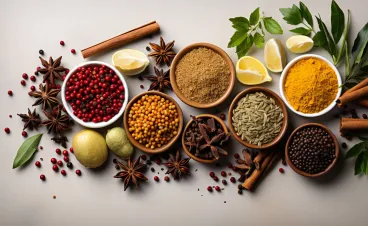 various spices laid out in bowls on table