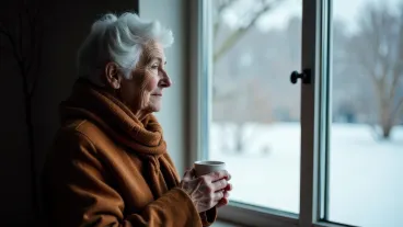 Senior woman looking out windows while holding a cup