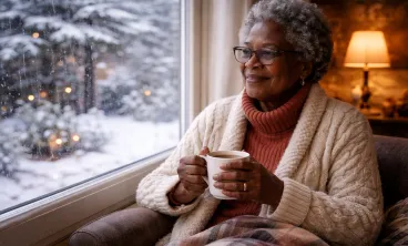 Woman sitting in front of window with snow in background, holding a cup of coffee and smiling
