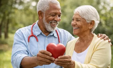 two happy seniors holding heart ceramic