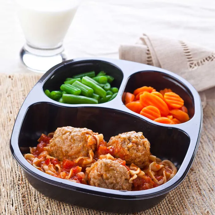 Meatballs over Egg Noodles and Pizzaiola Sauce with Carrots & Green Beans
