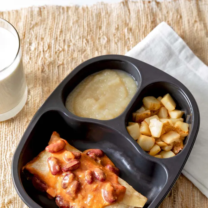 Turkey Sausage, Egg, and Cheese Burrito with Salsa served with Applesauce & Hash Browns