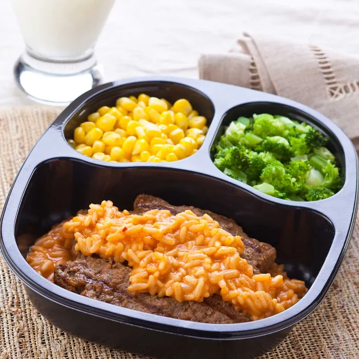 Beef Patty over Cheesy Chipotle Rice with Whole Kernel Corn & Broccoli Florets