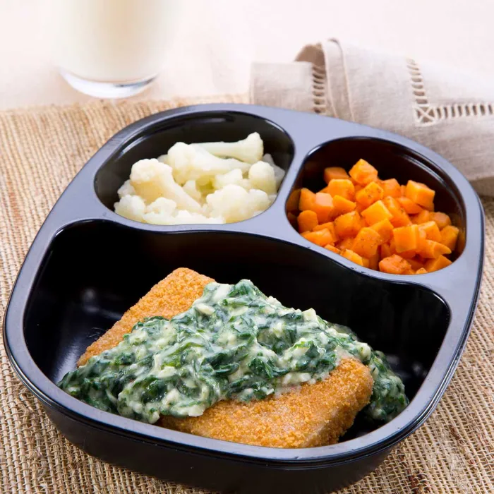 Breaded Pollock with Alfredo Spinach Sauce with Sweet Potatoes & Cauliflower