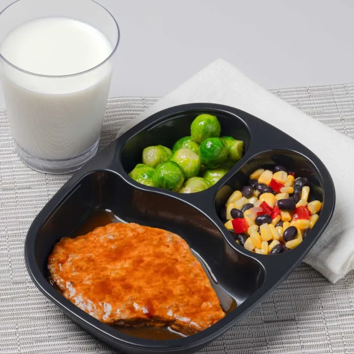 BBQ Pork Patty with Black Beans & Corn and Brussels Sprouts