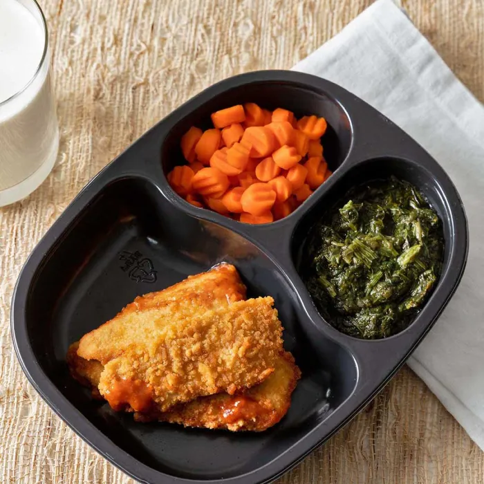 Chicken Tenders with Honey Mustard Sauce, spinach and carrots