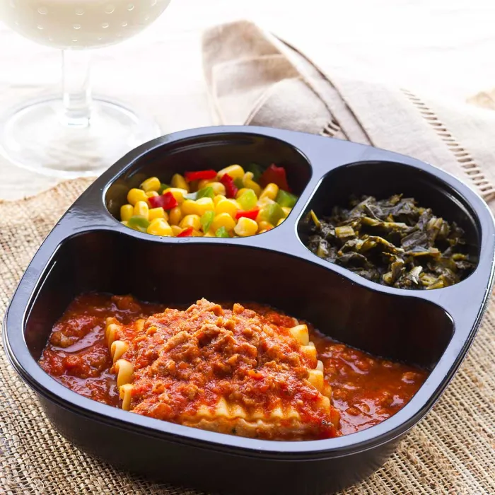 Three Layer Spinach Lasagna with Meat Sauce with Spinach & Corn with Peppers