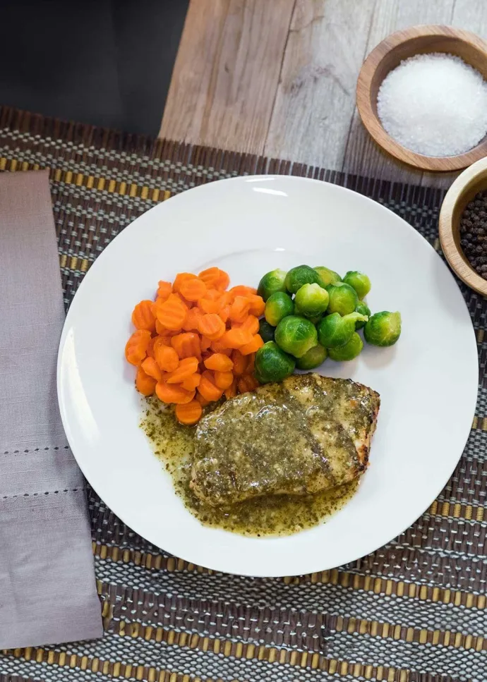 Pesto Basil Chicken with carrots and brussels sprouts