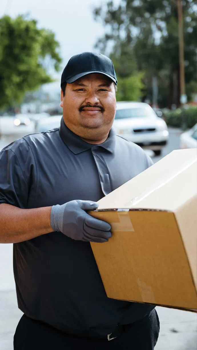 Employee carrying a box of Traditions Frozen Meals