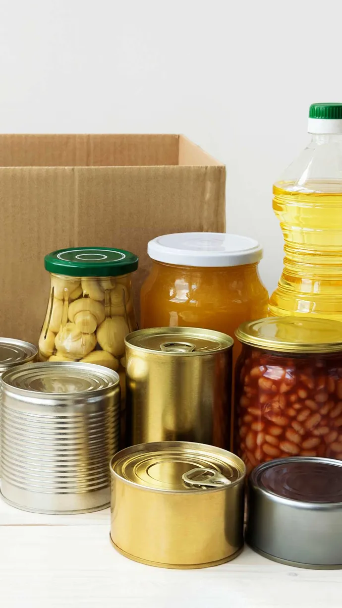 Assorted canned and bottled shelf stable food